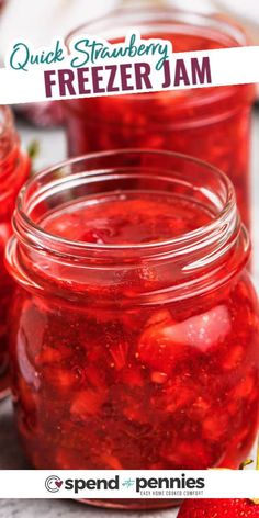 a jar filled with fresh strawberry freeze jam