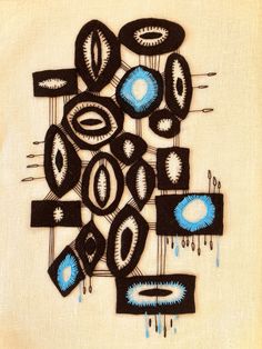 an abstract painting with blue and black shapes on a beige background, including circles and drops