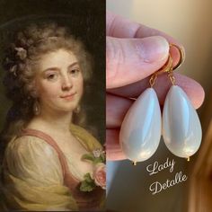 "HUGE Cream PEARL Earrings, Large SHELL Pearl Teardrops, 16k gold plated brass loops, Large lovely Cream Shell Pearl earrings A large SHELL pearl in a lovely CREAM color, HUGE! This definitely has some weight to it. There are so many period examples that have survived and also are painted in portraits or drawn in fashion plates with HUGE pearl earrings. I finished these with my favorite 16k gold plated brass loops, with a soft close, sturdy clasp, which fit well and stay on well, and also great Elegant Handmade Pear-shaped Earrings, Handmade Pear-shaped Earrings, Huge Pearl Earrings, Pearl Teardrop Earrings, Pearl Cream, Earrings Large, Large Earrings, Fashion Plates, Heavy Cream