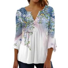 Take your wardrobe up a notch with this 3/4 sleeve printed tunic top. Floral print decorates this causal blouse shirt for women featuring a split v-neckline and three-quarter raglan sleeves. while the fitted silhouette and soft fabric. Pair with jeans and Slacks for a casual look. Description: Gender:Women, Ladies Style:Women Summer Tunic Blouse, Women Floral Printed Tops, Women Casual T ShirtShort Sleeve Tee Pattern Type:Floral Print Color:White, Pink, Blue, Orange, White Blue, Green (Optional) Chic Blouses, Pleated Blouse, Sleeves Clothing, Bottoming Shirt, Floral Print Tops, V Neck Blouse, Sierra Leone, Botswana, Sleeves Pattern