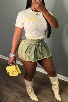 Relaxed Retro Wash Stretch Denim Miniskirt Yellow Denim Skirt, After Prom Outfit, Skirt Set Outfit, Denim Miniskirt, Cute Birthday Outfits, Shein Outfits, Trendy Skirts, Fashion Bottoms, Cute Swag Outfits