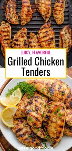 grilled chicken tenders on a grill with lemon wedges