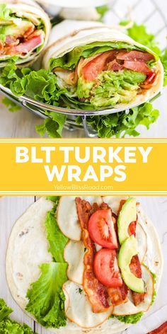 two wraps with bacon, lettuce and tomatoes on them are shown in this collage