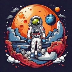 an astronaut standing in front of the moon with clouds and planets around him on a black background