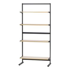 the four tiered shelving unit is black and has wooden shelves on each side