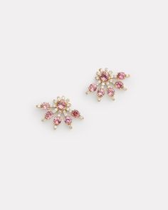 18K Yellow Gold Tutu Stud with Pink Tourmaline and Diamonds, .2 TCW5/8 Inch Long x 1/2 Inch Wide Style# YESTSPTW Gold Tutu, Asymmetrical Earrings, Floral Studs, Bracelet Collection, Body Jewellery, Green Tourmaline, Pink Tourmaline, Ring Necklace, Ring Earrings