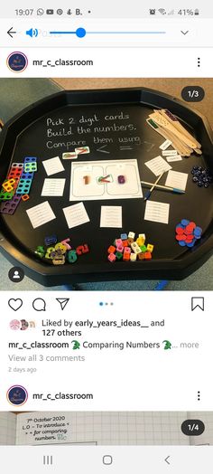 a black tray with lots of different items on it and some words in the middle