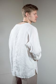 Linen Shirt with Long Sleeves and Open Neck-line Long Sleeve Linen Shirt With Placket, White Relaxed Fit Shirt With 3/4 Sleeves, White Relaxed Fit Henley Top, White Relaxed Fit Henley Neckline Tops, Oversized Linen Long Sleeve Shirt, White Relaxed Fit Top With Henley Neckline, Open Neck, Mens Clothing, Latvia