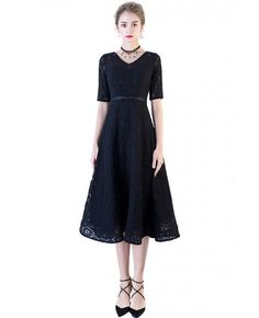 Shop Black Full Lace Tea Length Party Dress with Sleeves online. All instock with free shipping. Pro since 2009. Fit And Flare A-line Vintage Dress For Party, Short Sleeve Vintage Dress For Spring Party, Spring Party Vintage Dress With Short Sleeves, Vintage Short Sleeve Dress For Spring Party, Fitted V-neck Vintage Party Dress, Formal Lace Tea Length Dress, Formal Lace Tea-length Dress, Fitted Dress For Spring Banquet, Stretch A-line Dress For Wedding