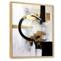 an abstract painting with black, white and gold colors on the canvas is displayed in a wooden frame