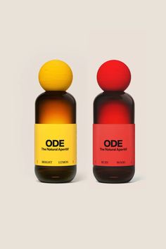 two bottles with different colored lids on each one and the other side is shown in red, yellow, and orange