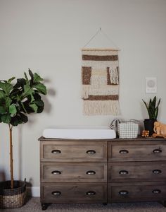 a baby crib next to a potted plant in a room with white walls