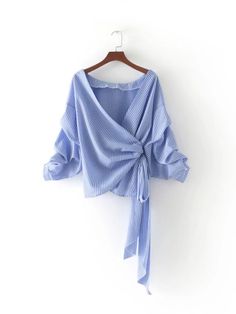 Japan Style Fashion, Island Clothing, Cross Shirt, Shirt Elegant, Long Sleeve Wrap Top, Tie Waist Top, Cross Shirts, Pullover Mode, Blue Striped Top