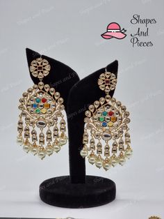 Anita Earrings - Shapes and Pieces Multicolor Chandbali Earrings With Cutdana, Festival Chandbali Kundan Necklace With Matching Earrings, Kundan Chandbalis For Festive Occasions, Festive Kundan Chandelier Earrings With Mirror Work, Multicolor Kundan Danglers For Diwali, Multicolor Chandbali Kundan Chandelier Earrings, Multicolor Kundan Chandbali Earrings, Festive Kundan Hoop Earrings With Meenakari Detailing, Traditional Mirror Work Earrings For Party