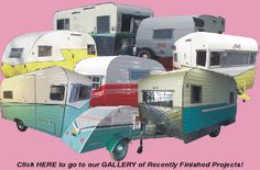 a group of campers sitting next to each other on top of a pink background