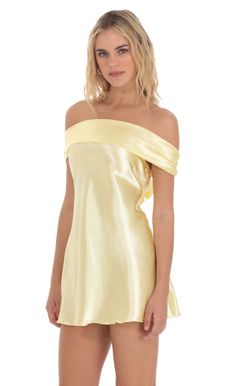 Satin Off Shoulder Dress in Yellow Off The Shoulder Short Satin Dress, Dark Yellow Dress Short, One Shoulder Dress Short Formal, Yellow Satin Bodycon Dress, One Sleve Short Dress, One Shoulder Short Prom Dress, Yellow Party Dress Short, Yellow Silk Mini Dress, Hoco Dresses Off The Shoulder