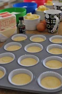 cupcake batter in a muffin tin on a counter