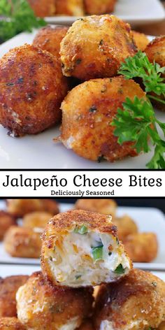 two plates with different types of appetizers on them, one has cheese bites and the other has parsley