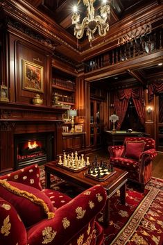 a living room filled with furniture and a chess board on top of a coffee table