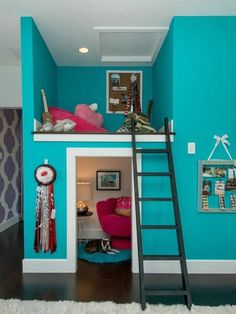 there is a loft bed with a ladder in the room