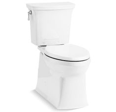 a white toilet with its lid up and the seat down, against a white background