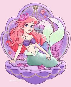 a drawing of a mermaid sitting on top of a purple pillow with stars around it