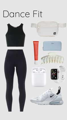 a woman in black sports bra top, leggings and sneakers with accessories on it