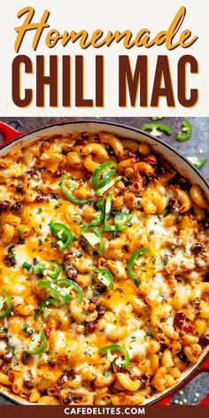 a skillet filled with homemade chili macaroni and cheese