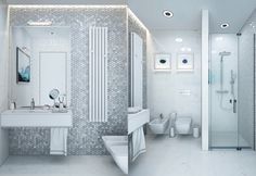 a white bathroom with two sinks, toilet and bathtub next to the shower stall