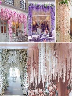 many different types of flowers hanging from the ceiling