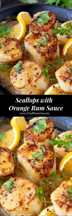 two pictures of scallops in orange sauce with lemons and parsley on the side