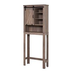 a tall wooden cabinet with an open door on the top and bottom shelf above it