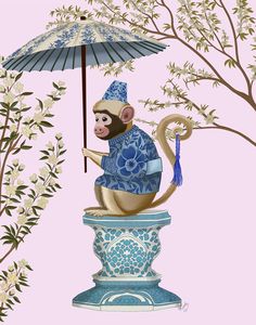 a monkey sitting on top of a blue vase holding an umbrella over it's head