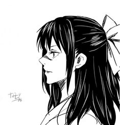 a black and white drawing of a girl with long hair wearing a bow in her hair