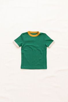 Fin and Vince - Vintage Tee (Emerald/Golden Oat) - Last 6/12 Basic Green Everyday T-shirt, Organic Cotton Crew Neck Tops, Dark Green Cotton Top For Spring, Dark Green Cotton Tops For Spring, Unisex Green T-shirt For Spring, Unisex Green Short Sleeve Tops, Green T-shirt For Spring, Organic Green Short Sleeve Top, Organic Cotton Summer Tops