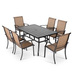 an outdoor dining table with six chairs and one chair on the side, all in brown