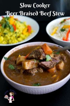 slow cooker beef braised beef stew in a white bowl with rice and carrots