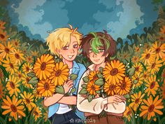 two people standing in front of sunflowers with their arms around each other's shoulders