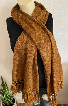 "Beautiful Mexican rebozos ! Multifuncional Mexican piece, wear as rebozo, shawl, scarf , wrap .. as home decor as a throw .. Hand made, made in a loom. Light weight, not thick. No washing machine , hand washing/ hang to dry or dry cleaning. Length including tassels on hem : 85\" Width: 26\"" Traditional Woven Shawl For Fall, Brown Shawl Scarf One Size, Bohemian Woven Scarves One Size, Bohemian Weaving Shawl For Fall, Bohemian Brown Handwoven Scarves, Bohemian Fall Shawl With Weaving, Bohemian Brown Handwoven Scarf, Bohemian Woven Scarf, Brown Bohemian Silk Shawl Scarf