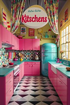 a kitchen with pink cabinets and black and white checkered flooring on the walls