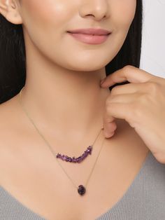 Amethyst Solid 925 Sterling Silver Gold Plated Double Layer Chain Necklace Jewelry - YoTreasure Amethyst Pendant Jewelry With Adjustable Chain, Amethyst Pendant Birthstone Necklace, Amethyst Stone Necklaces For Gifts, Amethyst Birthstone Pendant Crystal Necklace, Amethyst Stone Necklace For Gift, Spiritual Amethyst Pendant Necklace, Amethyst Gemstone Beads Necklace For Gift, Amethyst Crystal Necklace With Adjustable Chain As Gift, Spiritual Amethyst Gemstone Necklaces