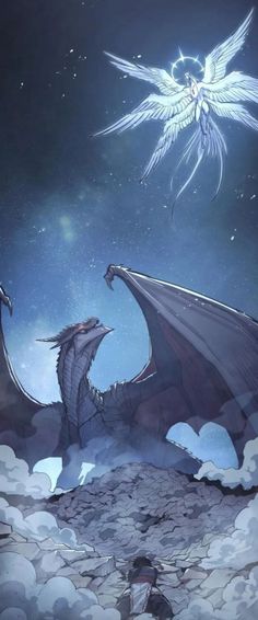 two large dragon standing on top of a pile of rocks under a sky filled with stars