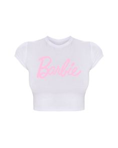 Barbie Baby Tee •57% Cotton •38% Polyester •5% Spandex •Made in the USA •Machine Wash Cold •Hang Dry Only •Wild Fable Top Cute White Stretch T-shirt, White Cropped T-shirt With Letter Print And Stretch, Pink Fitted Top With Logo Print, Fitted Pink Tops With Logo Print, Cute Fitted Tops With Logo Print, Cute White Cropped T-shirt With Letter Print, Cute White Tops With Logo Print, Cute White Top With Logo Print, Cute Crop Tops