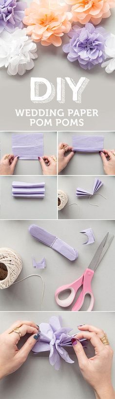 how to make paper flower pom poms with ribbon and scissors - step by step instructions