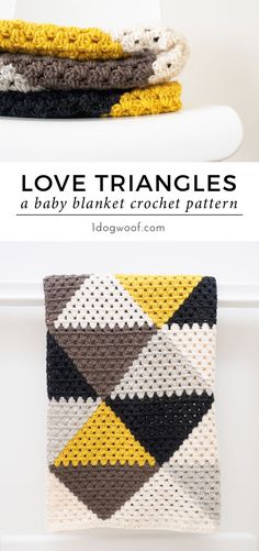 two crocheted blankets with the words love triangles written on them in black, white and yellow