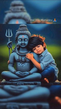 a young boy hugging his friend in front of an image of the god and goddess