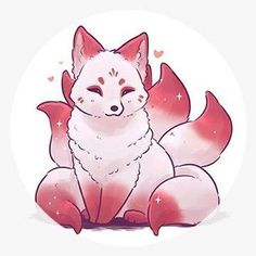 a red and white fox sitting on top of a white circle with hearts in the background