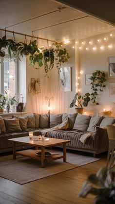 a living room filled with lots of furniture and plants hanging from the ceiling above it