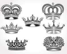 six different crowns in black and white