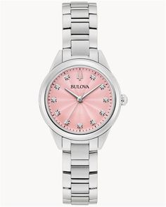 Add a pop of color to your wardrobe with the Bulova Women's D11 Bracelet Watch, featuring a vibrant pink dial that captures attention and exudes feminine charm. With its polished stainless steel construction and precise craftsmanship, this stylish timepiece is both versatile and elegant. Dial and Case: The eye-catching pink dial is framed by a sleek stainless steel case, creating a radiant contrast that adds a bold yet refined look to your wrist. Luminous hands and hour markers ensure visibility, while the date window provides practical functionality. Bracelet: The stainless steel bracelet combines polished and brushed finishes, delivering a comfortable and secure fit that complements the watch's sophisticated aesthetic. Movement: Powered by a high-quality quartz movement, this watch offer Fishers Of Men Bracelet, Fork Logo, Jewelry King, Silicone Wedding Rings, Mens Fashion Jewelry, Jewelry Education, Sophisticated Aesthetic, Aesthetic Movement, Baby Jewelry